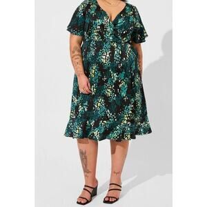 Torrid Bubble Charm Midi Surplice Dress 2X Pockets Black Green Flutter Sleeve